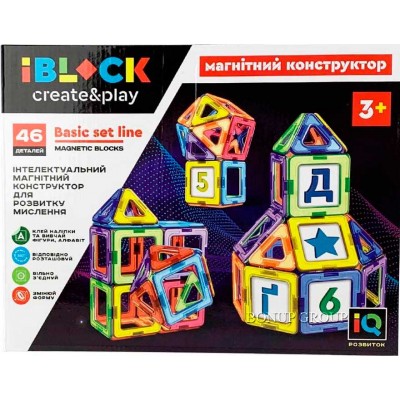 Детский магнитный конструктор буквы IBLOCK 46 деталей наклейки для изучения букв цифр фигур 225150270
