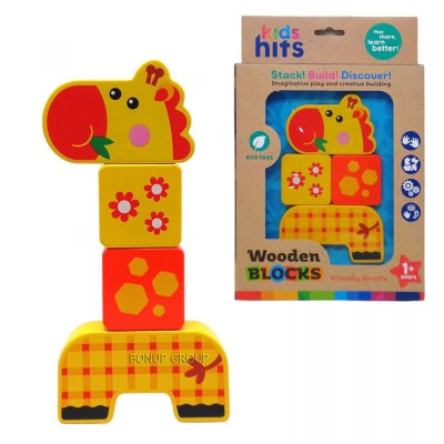 Детская деревянная игрушка 2в1 конструктор Wooden Blocks Жираф KIDS HITS 4 элемента желтый 22 см 225234243