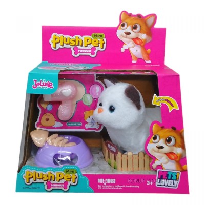 Интерактивная мягкая игрушка Котик Plush Pet с коричневыми ушками JOLIER плюшевая звук движение аксессуары белый 17 см 225237943